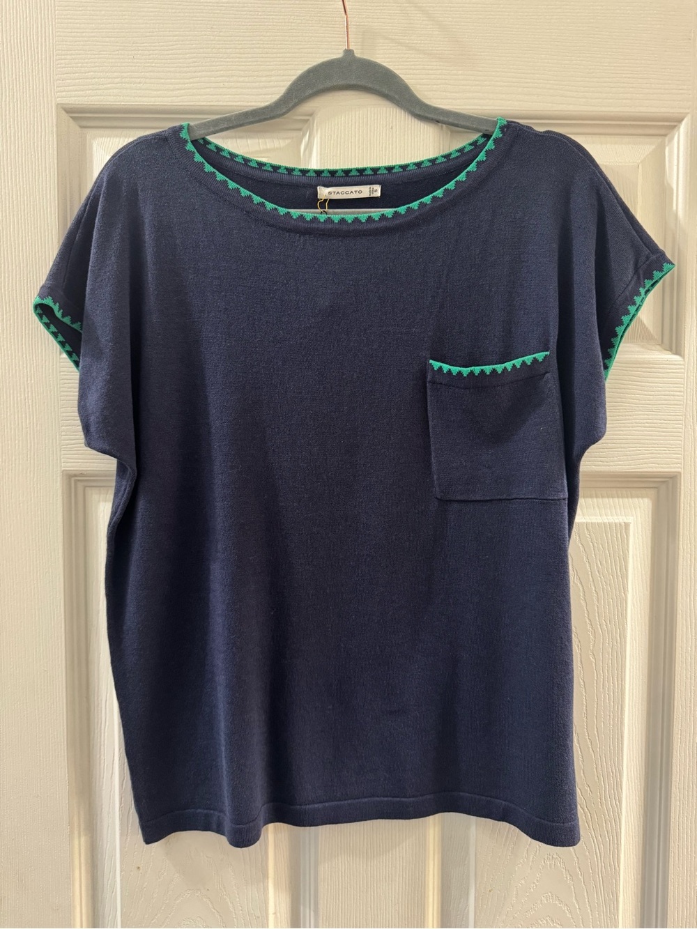 Staccato Navy Short Sleeve Top with Teal Trim Detail